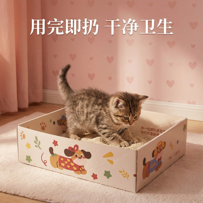 这张图片是产品主体这款产品是一次性猫砂盆 产品主体颜色不改变 我需要设计20张主图在拼多多上面售卖   主图场景布局设计用小猫等 等背景元素 整体色调暖色，可爱 显得高级一些  主图文案内容 月刨猫砂预览效果