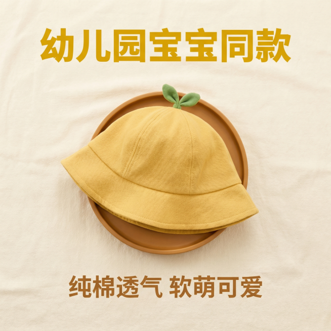 [主图 5]法式复古高级场景 儿童黄色萌芽渔夫帽平铺展示
[氛围风格]温柔复古感，低饱和暖调。
[画面元素]商业摄影质感、光线柔和通透、产品清晰真实、画面干净高级。儿童黄色萌芽渔夫帽正面平铺放置在奶白预览效果