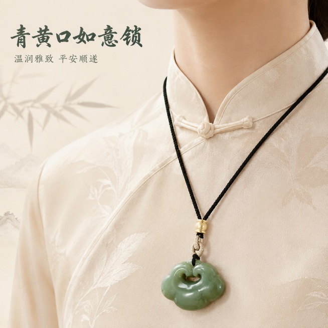 [主图-1] 青黄口如意和田玉吊坠首图，国风佩戴氛围展示
[氛围风格] 雅致新中式国风，高级简约质感
[画质] 商业珠宝摄影质感，光线柔和通透，产品清晰真实，画面干净高级
[元素] 展示模特颈部佩戴，预览效果