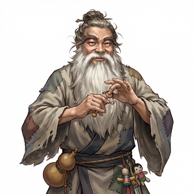 图片的比例、大小、绘画风格不变，人物的服饰、发型、动作贴近金庸武侠小说中射雕英雄传的老顽童周伯通，长眉长须，鼻子嘴巴都被遮掩住了，人物的五官和表情贴近男明星吴孟达预览效果