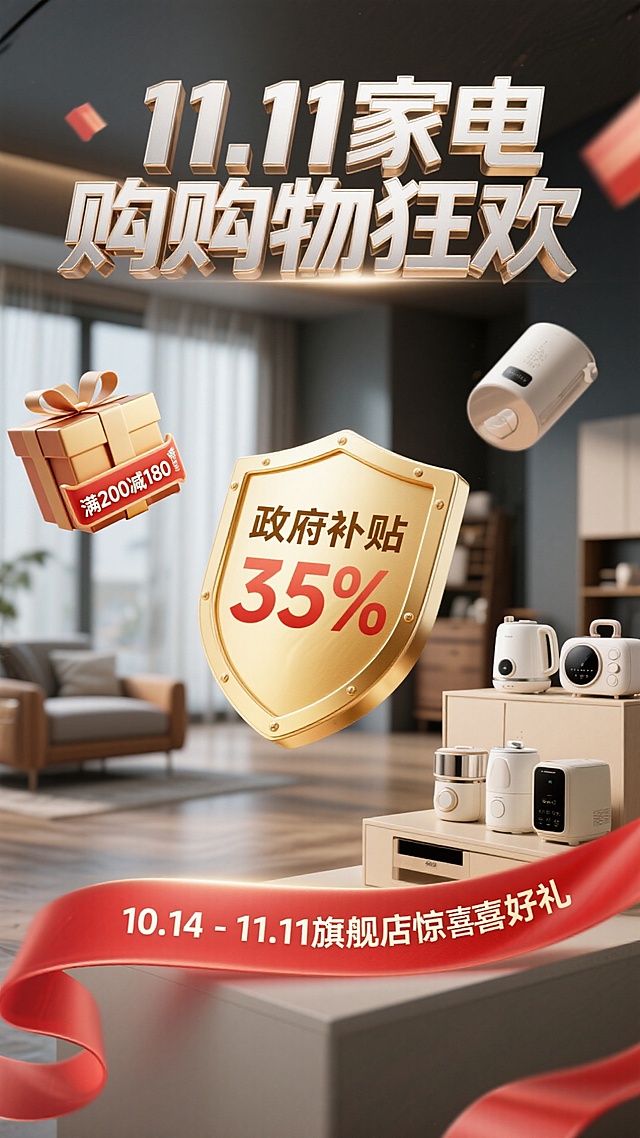 3D立体鎏金风设计，重拟物质感家电悬浮呈现，金属光泽强化促销感，红金配色烘托双十一购物狂欢氛围。