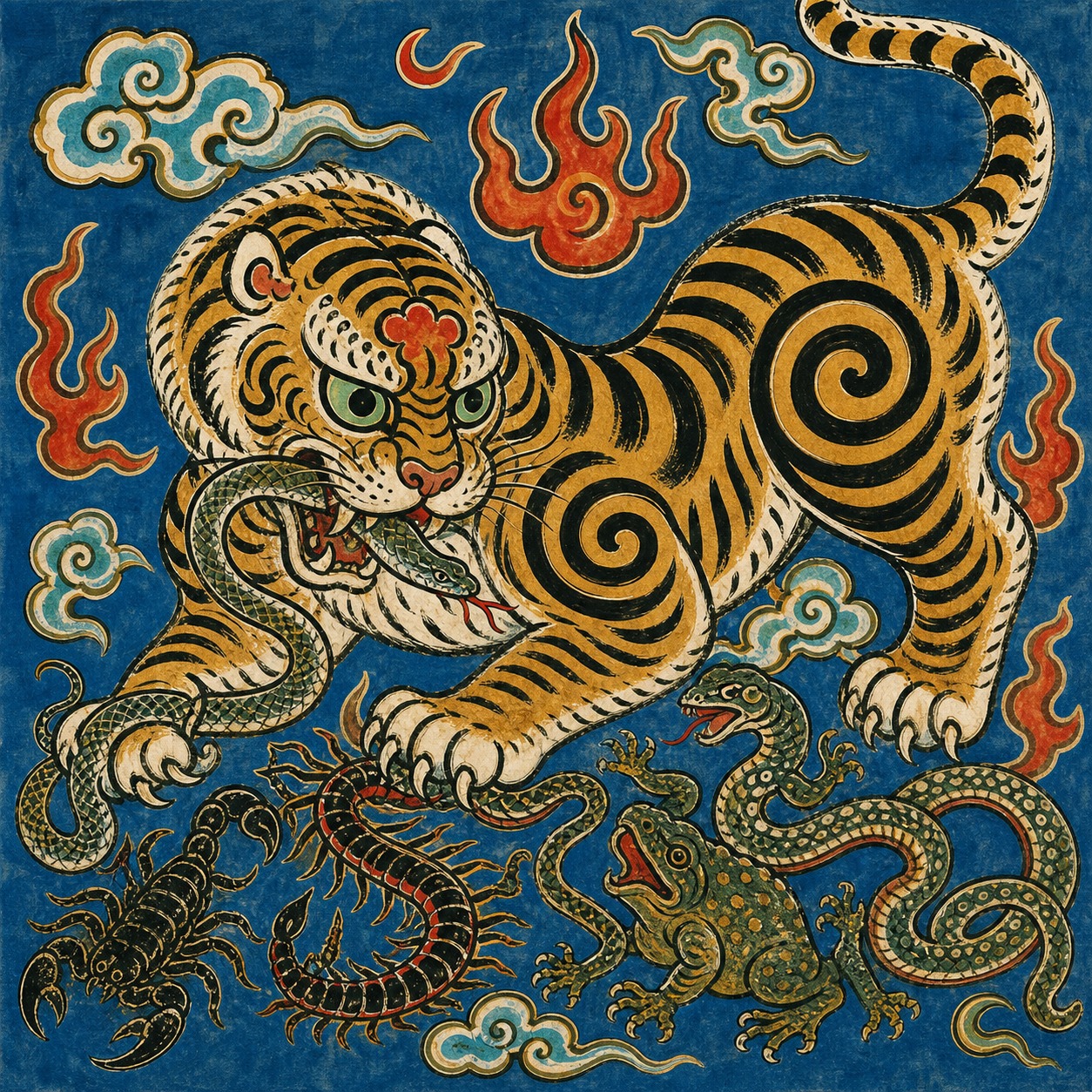 参考图中的中国传统民间年画风格，老虎咬蛇，脚踩五毒（蝎子、蜈蚣… - 图片创意预览