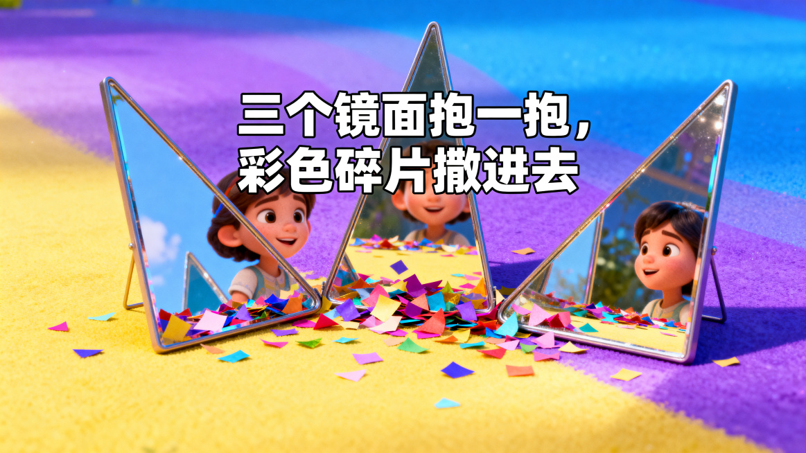 中班幼儿科学微课PPT内页，第15页万花筒步骤1-2，卡通梦幻风格，皮克斯风格，明亮色彩，主色调蓝紫黄渐变，幼儿视角。三面镜子拼成三角形，彩色碎纸撒入其中，大字儿歌"三个镜面抱一抱，彩色碎片撒进去"，预览效果
