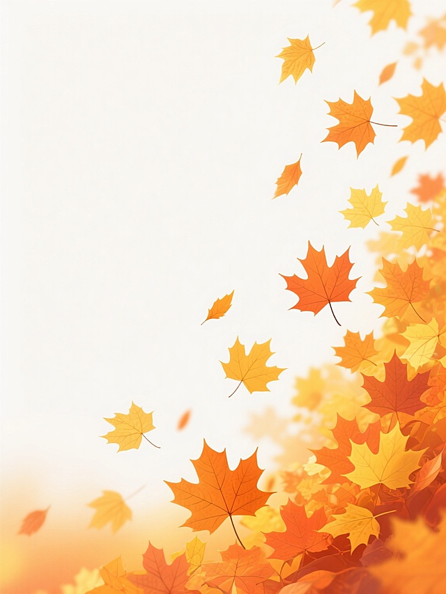 数字艺术风格的秋季主题背景，以明亮的橙黄色、金黄色和橙色渐变为主色调，呈现出层次分明的秋叶元素。画面采用不对称构图，右上角和底部边缘布满密集的枫叶集群，枫叶形态为经典掌状五裂，边缘有锯齿纹理，叶片脉络清晰可见，具有平滑的数字绘画质感和轻微的光影渐变效果。多片枫叶从右上角向下飘落，形成自然的动态轨迹，散布在纯净的白色背景上，营造出轻盈飘逸的秋日氛围。整体视觉风格保持简洁明快，色彩饱和度高，无文字元素，仅通过秋叶的疏密排列和飘落姿态构建画面层次，呈现出温暖、丰收且充满活力的季节感。