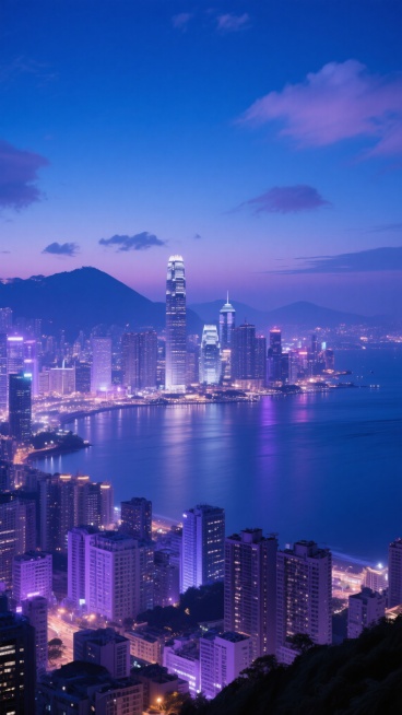 城市夜景全景，深蓝渐变天空点缀少量白云，远处山脉轮廓朦胧，海面平静倒映城市灯光，中景高楼林立，标志性摩天大楼灯火通明，近景建筑群错落有致，灯光璀璨，整体色调以蓝紫色为主，光影层次分明，营造出繁华而宁静的都市氛围，具有电影级画质和高度写实的细节表现。预览效果