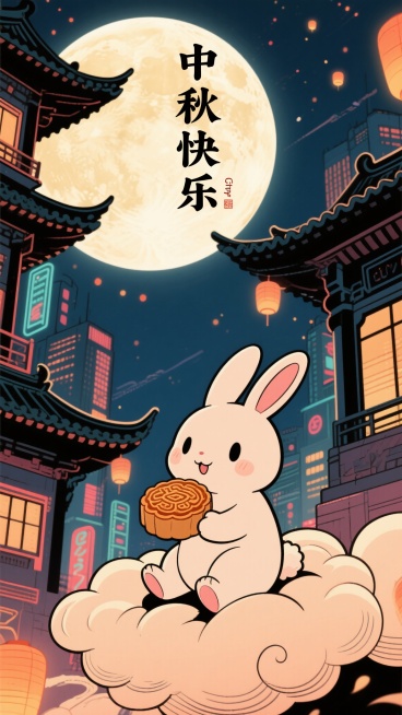 Citypop风格的中秋节海报，画面中有一轮明亮的满月，复古的霓虹灯光点缀夜空，前景是一只可爱的卡通兔子坐在云朵上，手里拿着月饼，背景有传统的中式建筑轮廓，整体色调温暖，充满节日氛围，“中秋快乐”预览效果