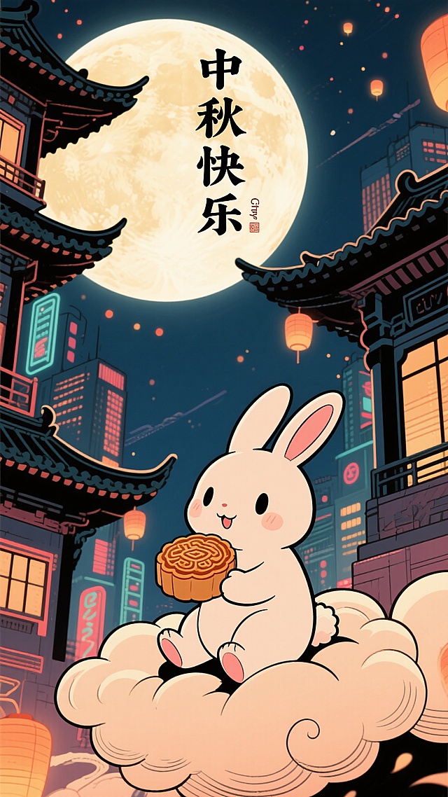 Citypop风格的中秋节海报，画面中有一轮明亮的满月，复古的霓虹灯光点缀夜空，前景是一只可爱的卡通兔子坐在云朵上，手里拿着月饼，背景有传统的中式建筑轮廓，整体色调温暖，充满节日氛围，“中秋快乐”