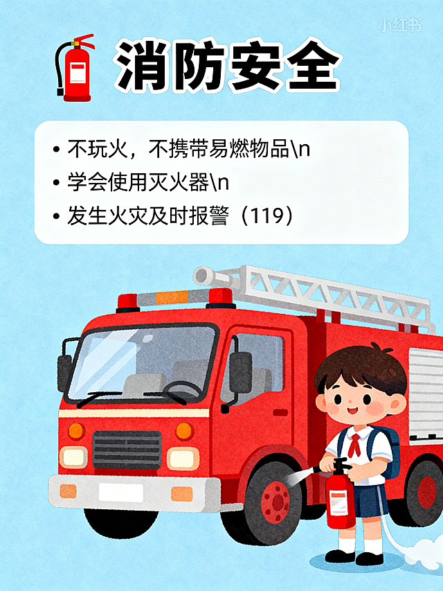 小红书3:4竖版宣传图，消防安全主题，浅蓝色背景。顶部标题"消防安全"配红色灭火器图标。左侧文字框内容："• 不玩火，不携带易燃物品\n• 学会使用灭火器\n• 发生火灾及时报警（119）"。右侧插画为红色消防车+手持灭火器的小学生卡通形象，风格扁平温馨，突出教育性与实用性，适合教师课件推广