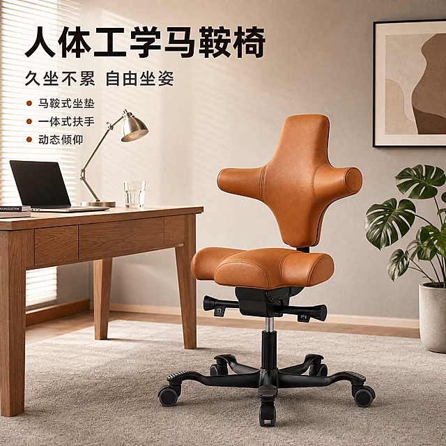 [主图-1] 空间场景与氛围 展示马鞍椅在现代轻奢书房中的整体美感与高级质感。
[统一基调] 现代轻奢居家办公风 整体暖调自然光 午后柔和侧光 背景为浅灰色墙面+原木书桌+浅灰地面 统一字体为无衬线粗体 标题字色深棕黑 辅助字色中灰 强调色焦糖棕 文字直接贴在场景负空间 满版无边框。
[画面] 画面中心偏右放置一把复古棕猫爪皮款马鞍椅 正面45°侧视 椅子完整不切割 主体占比约65% 椅子置于现代书房场景中 左侧搭配原木书桌 桌上有笔记本电脑 透明水杯 金属台灯 背景有百叶窗透进柔和自然光 地面铺浅灰色短绒地毯 角落放置一盆龟背竹绿植 右侧墙面挂一幅简约抽象装饰画 整体软装丰富有层次 营造高级居家办公氛围 椅子底部有自然接触阴影 无悬浮感。
[光影质感] 商业摄影质感 午后暖调自然光从左侧窗户射入 主光左前45° 阴影柔和向右后方延伸 皮面有细腻高光与自然纹理 体现猫爪皮的柔软质感 金属气杆与五星脚有冷调反光 整体光影层次丰富。
[配色] 主背景浅灰+原木色 产品焦糖棕为主 点缀深棕黑 米白 绿植深绿 整体暖调高级。
[文字版式] 左上角主标题大号粗体「人体工学马鞍椅」 副标题中号「久坐不累 自由坐姿」 下方3个亮点列表带圆点符号 「马鞍式坐垫」「一体式扶手」「动态倾仰」 文字左对齐 不遮挡产品主体。
[输出要求] 1:1正方形 文字清晰可读 产品清晰不变形 无错字 无水印 无平台Logo 无多余杂物 椅子结构完整 五星脚与滚轮清晰 皮面纹理自然。