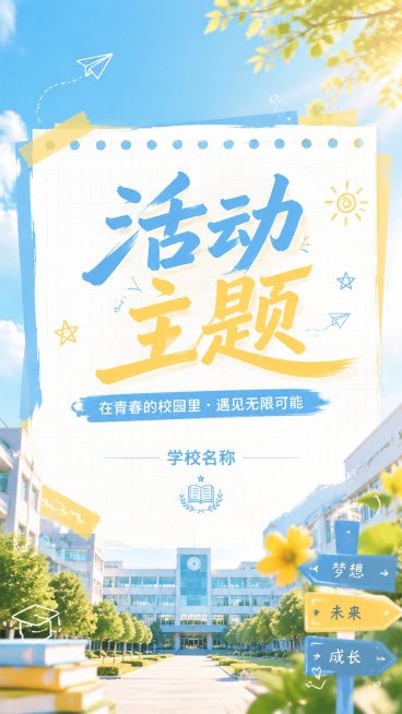 抖音通用视频封面模板，风格为青春校园风，浅蓝暖黄为主配色，校园元素装饰，预留活动主题和学校名称位置，版式简约大气，大标题区域突出，9:16竖版适配抖音封面展示预览效果