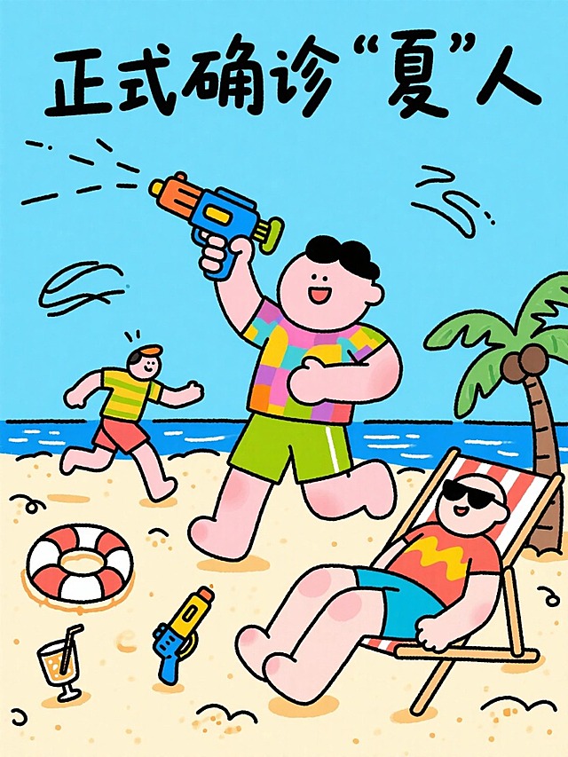 手绘插画趣味搞怪风格，多运用不规则线条；顶部手写大标题：正式确诊“夏”人 ，天蓝色背景。画面呈现海边，穿着彩色短袖短裤的超大卡通人物，其中一人举着超大水枪，一人逃跑躲避，另外一人躺在沙滩椅上，融入沙滩、游泳圈、棕榈树、水枪、膝盖、墨镜、果汁等简笔画元素。