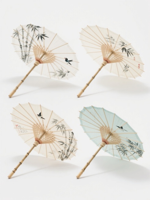 中国传统水墨淡彩风格的油纸伞，伞面以轻柔的水墨笔触描绘竹子、竹叶和小鸟，色调清雅，伞骨为浅棕色竹制，伞柄带有竹节纹理和简约装饰，整体呈现出淡雅、空灵、富有东方韵味的氛围，白色背景，四只油纸伞分别采用不同配色、不同样式、不同风格，排列整齐。预览效果