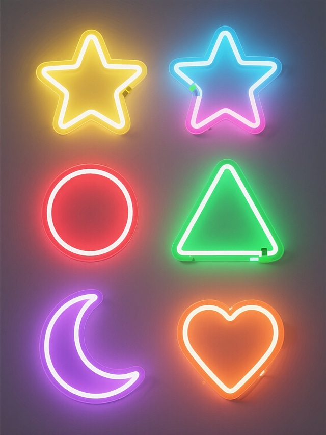 纯色背景，6个完全不同造型的霓虹灯元素系列素材集合，规整排布。所有霓虹灯元素均采用相同的现代数字艺术风格，具有明亮的发光效果、清晰的白色轮廓线和柔和的渐变色填充，以及向外扩散的半透明光晕。第一个是黄色五角星霓虹灯，第二个是蓝粉色渐变五角星霓虹灯，第三个是红色圆形霓虹灯，第四个是绿色三角形霓虹灯，第五个是紫色月亮形霓虹灯，第六个是橙色爱心形霓虹灯。所有霓虹灯元素大小一致，均匀分布在白色背景上，形成整齐的视觉排列。