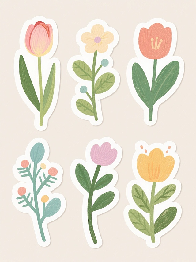 6个不同配色、不同样式、不同纸张材质的植物贴纸元素，采用手绘油画风格，厚重笔触质感，色彩明快柔和，包含郁金香、花朵、绿叶等植物图案，浅色背景，贴纸呈规律排列，整体氛围清新可爱，具有儿童插画般的温馨感，画面简洁干净，无其他多余元素干扰。