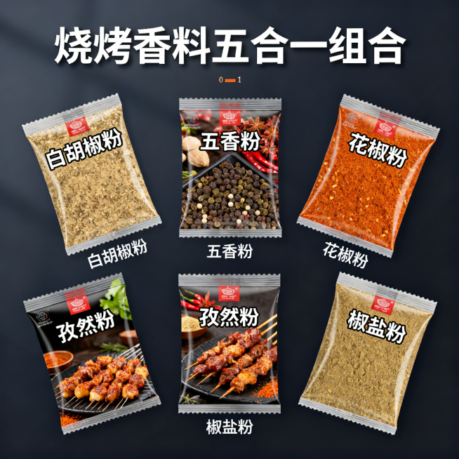 淘宝电商1:1主图，烧烤香料五合一组合，展示五种独立包装分别展开排列，标注每种香料名称：白胡椒粉、五香粉、花椒粉、孜然粉、椒盐粉，深色简约背景，突出每种产品不同包装设计，清晰易读适配淘宝天猫商品展示预览效果