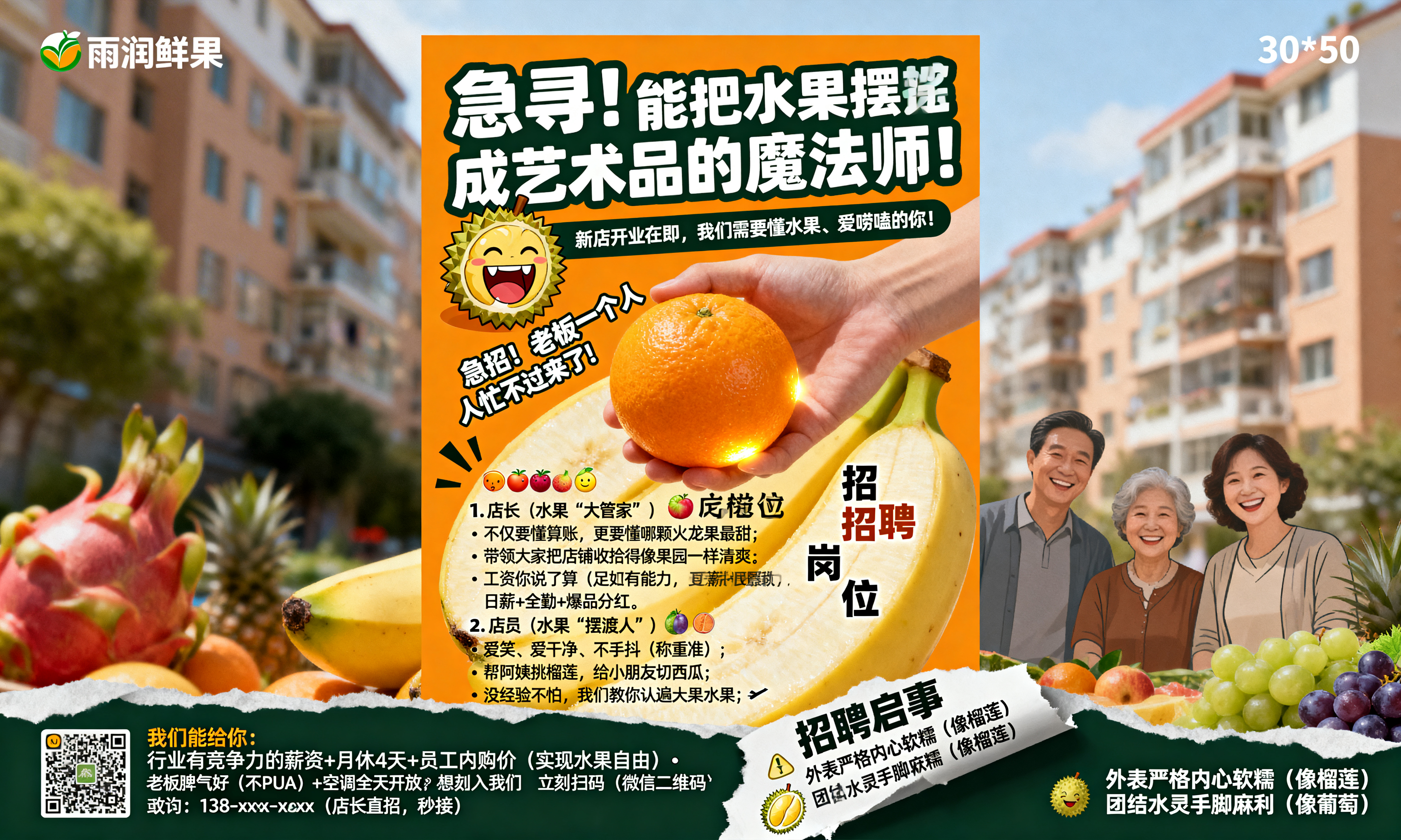 水果店招聘海报，30*50横版，主色调为亮橙色和墨绿色。海报主… - 图片创意预览