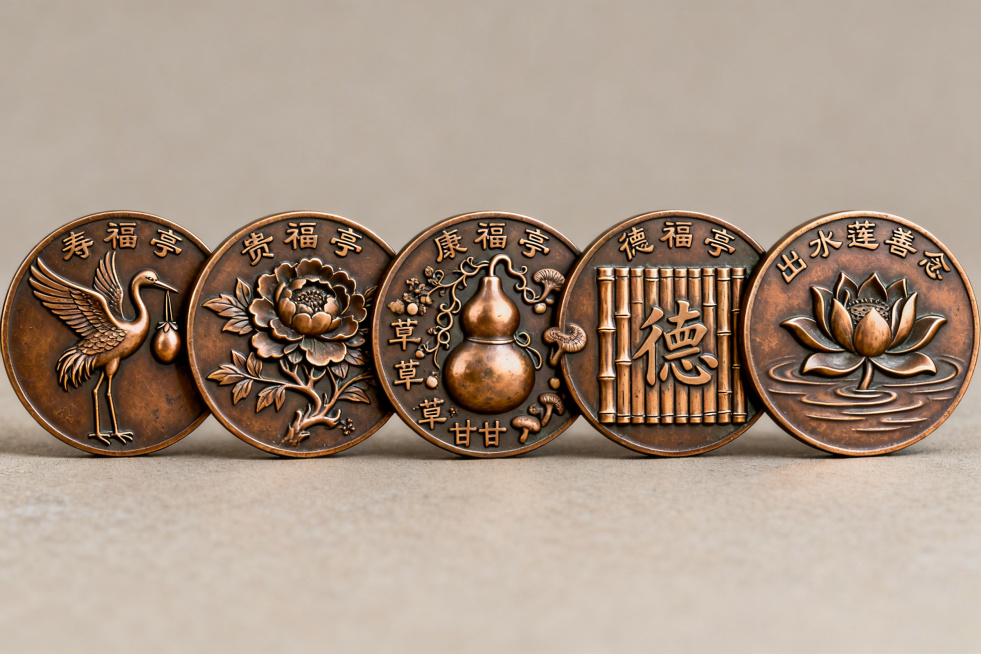 设计五款实体铜章视觉效果图：寿福亭仙鹤衔寿桃图案铜章，贵福亭缠枝牡丹富贵纹铜章，康福亭草药环绕葫芦形铜章，德福亭竹简纹理德行铜章，善福亭出水莲花善念铜章，均为传统铜章质感，古朴厚重预览效果