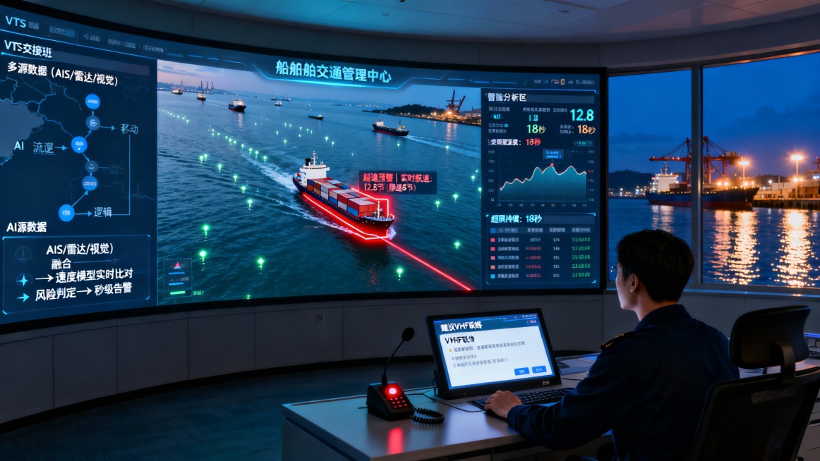 港口船舶交通管理中心（VTS）内景，时间设定在傍晚交接班时刻。巨大的弧形监控屏幕墙散发着冷色调背光，与窗外深蓝色暮色和港口点点灯光形成宁静的对比。

主屏幕清晰地分为三个智能分析区域。中央的电子海图动预览效果