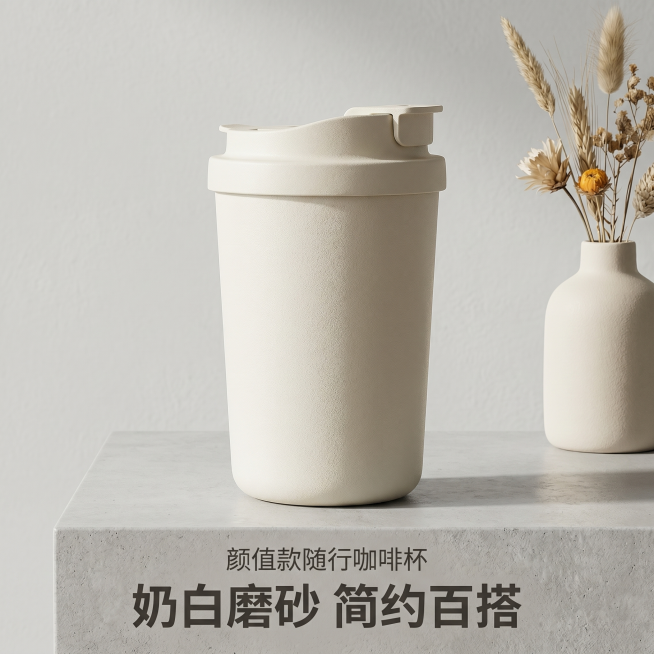 [主图-3] 展示保温杯奶白磨砂质感，突出颜值卖点；
[氛围风格] 简约百搭，ins北欧风，质感高级；
[画质] 商业摄影质感，光线柔和通透，产品清晰真实，画面干净高级；
[元素] 奶白色保温杯放置在预览效果