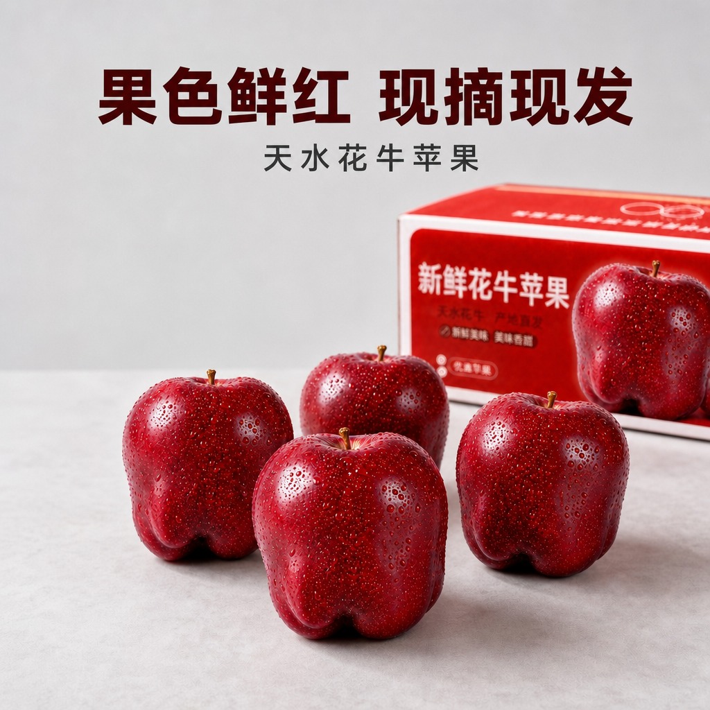 在这张天水花牛苹果图片的画面上方添加文字，文字样式参考参考图：… - 图片创意预览