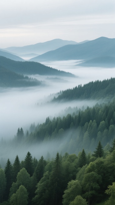 超写实俯拍山间晨雾景观，自然深绿森林主导，淡青雾气、灰白天空和谐，层叠山峦云杉阔叶林层次丰，前景树锐中景雾柔动，远景山融云雾，三分法构图，晨柔和光透雾，雾似轻纱，山林糙纹与雾细质对比，神秘生机，干净现实背景素材适用的超写实摄影描述预览效果