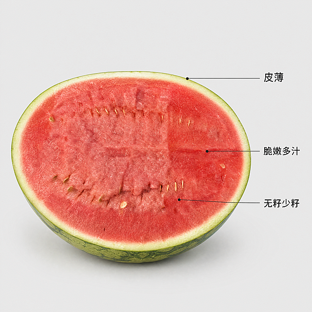 [主图-2] 甘美4K西瓜核心亮点展示，展示西瓜剖面结构，用引线标注产品优势。氛围风格：新鲜专业，突出产品特点，清晰直观。画质：商业生鲜摄影质感，光线柔和通透，产品清晰真实，画面干净高级。元素：保持甘美4K西瓜外观果肉颜色特征与输入产品图绝对一致，杜绝任何变形和色差，精细化处理。整半颗西瓜横放，展示完整剖面，用三根纤细引线分别指向果皮、果肉、籽的位置，对应标注文字。背景为浅纯色干净背景，商品主体占比65%左右，画面满屏无边框。光影：均匀柔和自然光，清晰展示各部位细节，没有生硬阴影。配色：浅灰背景，突出红瓤绿皮西瓜主体，文字为深色对比清晰。视角构图：平视完整展示剖面，正面构图清晰明了。文字版式：引线对应文字，大字标注每个卖点：顶部引线标注"皮薄"，中部标注"脆嫩多汁"，底部标注"无籽少籽"，文字清晰放置在引线末端，不遮挡主体，字体简洁无衬线，深色文字清晰可读。比例分辨率：1:1 比例，4k 分辨率；文字清晰锐利，画面超高清。负向提示词：变形，水印，文字错乱，产品图模糊，背景杂乱，引线错位，文字遮挡主体。