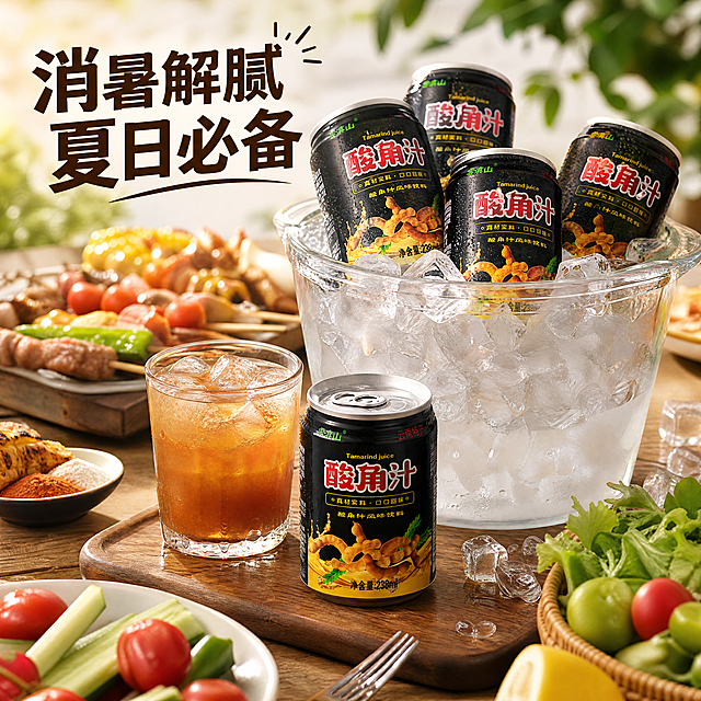 [主图-4] 场景展示，多人分享场景，突出夏日消暑解腻的饮用体验。
[氛围风格] 真实夏日生活场景，轻松清爽氛围感；
[画质] 商业摄影质感、光线柔和通透、产品清晰真实、画面干净高级，保持易拉罐产品外观与输入产品图绝对一致，杜绝任何变形和色差。
[元素] 餐桌场景，冰桶里放着多罐酸角汁，旁边玻璃杯中倒好酸角汁，搭配烧烤野餐食材，还原夏日户外聚餐真实场景，主体突出整箱产品和单罐，整体自然真实，商品主体占比约65%，画面满屏无边框。
[光影] 户外自然日光，明亮清爽，突出冰饮冰爽感受，光影自然。
[配色] 以自然餐桌浅木色为背景，突出产品黑罐金黄果汁对比，清爽干净。
[视角构图] 斜侧俯视视角，场景层次丰富，主体突出。
[文字版式] 画面左上角大字："消暑解腻 夏日必备"，深棕粗体，清晰不遮挡主体。
[比例分辨率] 1:1比例，4k分辨率，文字清晰可辨，超高清。
[负向提示词] 变形，水印，文字错乱，产品图模糊，背景杂乱，文字遮挡主体