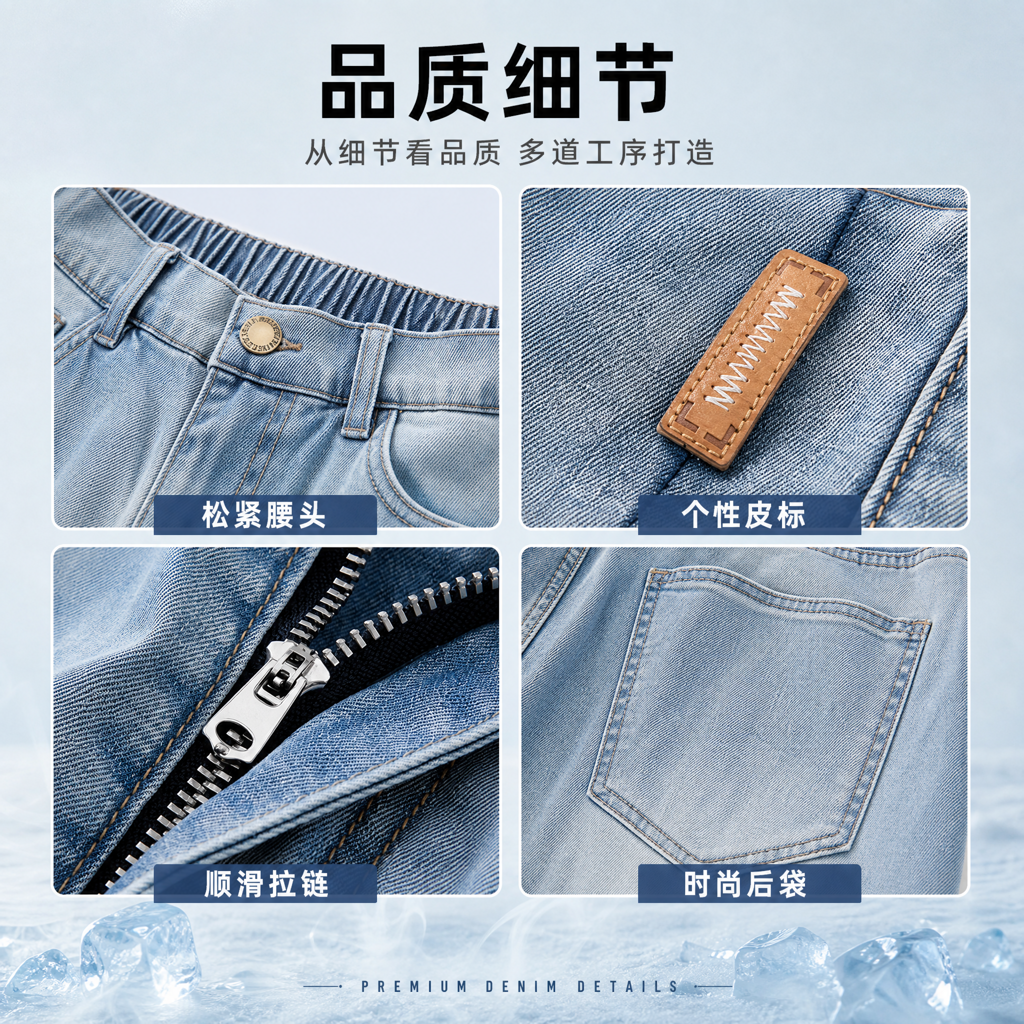 [主图-4 方图] 天丝牛仔短裤细节做工展示图，冷调冰感科技风… - 图片创意预览