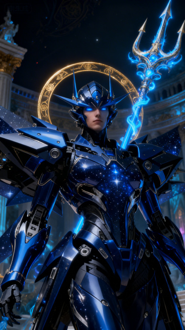 我要生成一个波塞冬西方海神的机甲形态，身体机甲参考「图片1」五官深邃帅气，体格强壮，拿着海神叉子（叉子形态华丽复杂，散发蓝色光芒），身后是一个充满神秘气息的神秘金色法相圆环，轻微仰视视角，中近景镜头，预览效果