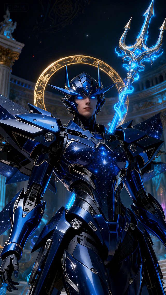 我要生成一个波塞冬西方海神的机甲形态，身体机甲参考「图片1」五官深邃帅气，体格强壮，拿着海神叉子（叉子形态华丽复杂，散发蓝色光芒），身后是一个充满神秘气息的神秘金色法相圆环，轻微仰视视角，中近景镜头，人物刻画细致，背景是赛博朋克风格的暗夜西方神殿（神殿装饰华丽），神秘，冰冷，魔幻。