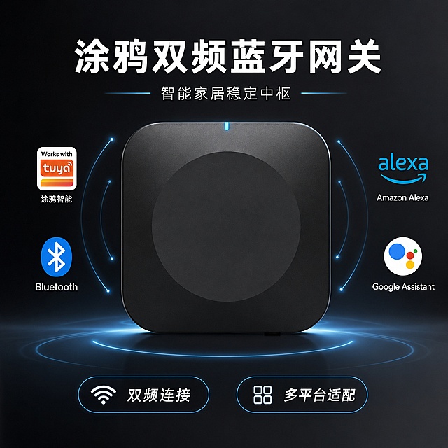 [第1屏] 涂鸦双频蓝牙网关产品主视觉头图。本屏使用【图1】作为商品主体。
[氛围/风格] 现代简约科技风，深邃科技感，数码产品商业摄影质感
[元素布局] 网关产品放置在画面中心区域，占比约70%；背景为深灰渐变低饱和度底色，搭配淡蓝色发光无线信号装饰线条；产品圆角方形外观、哑光黑色材质、顶部蓝色指示灯结构与输入产品图保持一致；四周摆放适配平台logo：涂鸦、蓝牙、alexa、Google Assistant。
[光影质感] 顶部柔和主光，底部自然投影，产品边缘保留清晰轮廓光，指示灯蓝色点缀光，整体明暗层次分明
[配色色系] 全局底色 #1a1a1a；主色哑光黑；辅助色浅蓝色点缀、白色文字
[视角构图] 正面平视，产品绝对中心，阅读动线从上到下标题→产品→底部卖点
[文字版式] 顶部主标题加粗居中：“涂鸦双频蓝牙网关”，副标题小字“智能家居稳定中枢”；底部两个卖点胶囊：“双频连接”“多平台适配”，文字不遮挡产品主体，文字清晰可读。
[比例分辨率] 1:1 方图比例，2K分辨率，高清画质
[负向提示词] 产品变形，颜色偏差，缺件错件，文字错乱，水印，背景杂乱，文字过小