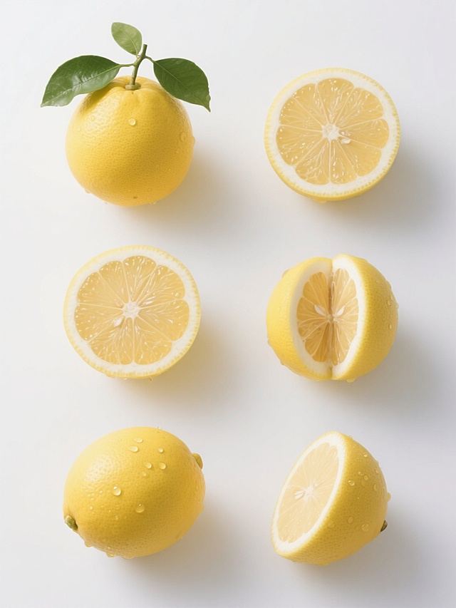 六个规整排布的柚子素材，保持超写实摄影风格，每个柚子形态各异，包含完整带绿叶的黄柚子、对半切开露出果肉的柚子等不同状态，整体造型简约现代，所有柚子均具有细腻的果皮纹理、自然的黄色色泽过渡和真实的光影效果，水珠点缀增添新鲜质感，统一置于纯白色纯色背景上，无任何文字、logo及水印。