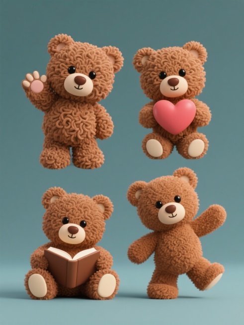 四个不同造型的棕色卷毛立体小熊玩偶系列素材集合，第一个小熊挥手，第二个小熊抱爱心，第三个小熊坐着看书，第四个小熊站立跳舞，均保持写实毛绒质感、黑色圆眼睛、棕色鼻子和米白色脚掌，规整排布在纯色背景上，整体呈现温馨可爱的3D立体风格。预览效果