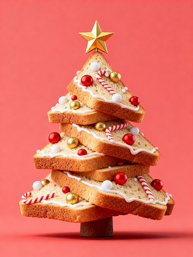 3D风与重拟物结合，面包片拼贴成圣诞树，点缀糖果与金星，喜庆甜蜜中透出趣味感，节日氛围浓厚。