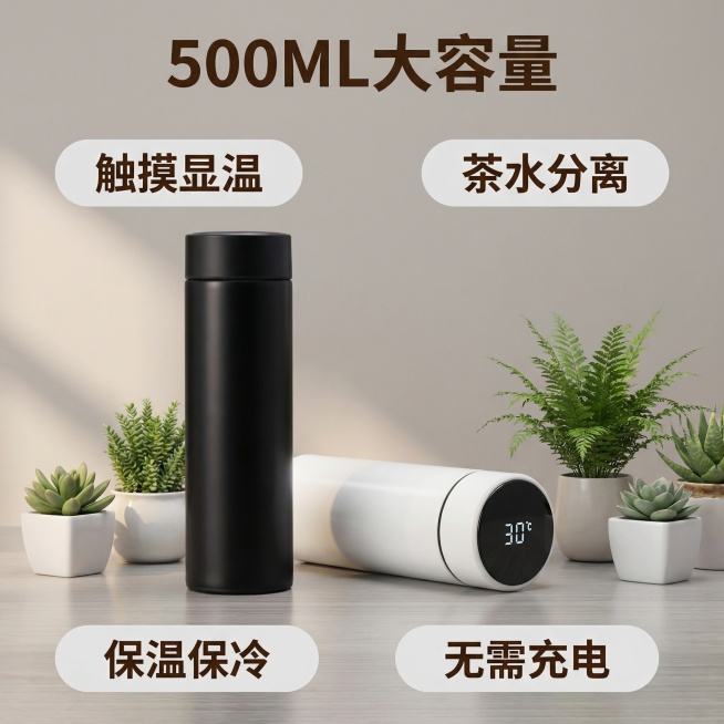 [主图 2]智能保温杯核心卖点展示
[氛围/风格]温馨舒适治愈风，柔和暖光，干净清新
[画面元素]保持智能保温杯产品外观不变，产品居中放置，周围环绕四个卖点胶囊标签，背景为浅灰色渐变温馨桌面，点缀绿色预览效果