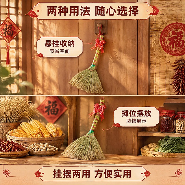 [商品] 使用【图1】小扫把斜款捆红绳；保留禾秆扫头、红绳捆扎、红色蝴蝶结、顶部挂绳、绿色束带、整体斜款造型；商品处理：保留原有结构与颜色，不改变造型。
[画面] 页面目标：使用与收纳方式展示，体现多用性与便捷性；构图：上下分栏，上半部分为悬挂收纳场景，下半部分为摊位摆放场景；景别：中景；上半场景：小扫把通过顶部挂绳悬挂于木质墙面挂钩上，背景为民俗风格墙面；下半场景：小扫把斜立于展销台货架上，旁边有农产品陈列；阅读动线：顶部标题→上半悬挂场景→下半摆放场景→底部总结。
[视觉] 套系策略：风格=中式民俗喜庆商业摄影；标题字=阿里巴巴普惠体粗体；正文字=阿里巴巴普惠体常规体；主色=中国红+禾秆金黄；背景延展=基于暖木色与米杏色做深浅层级、同色渐变和质朴木纹/竹编质感；强调色=中国红，仅用于小面积图标、引线、标签和标题点缀；标题色=深棕红；正文色=深暖棕；组件=圆角木色信息卡、红绳引线、民俗纹样装饰；光影=左前侧暖柔光，右侧柔和补光。
[文字] 顶部主标题「两种用法 随心选择」，上半场景旁标注「悬挂收纳 节省空间」，下半场景旁标注「摊位摆放 装饰展示」，底部一行总结「挂摆两用 方便实用」；所有文字横向排版，不遮挡产品主体。
[规格] 图片比例1:1正方形，4K分辨率，负向提示：避免变形、错字、文字过小、冷蓝灰背景、天然/环保/原生态等极限词、淘宝平台违禁词、小标致图案、二维码、水印。