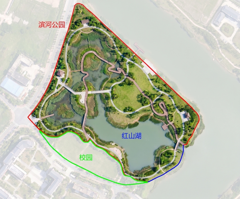 在这张图的红色轮廓区域内设计一个滨河公园，保留红山湖和校园的标注，生态景观风格，规划清晰的公园布局预览效果
