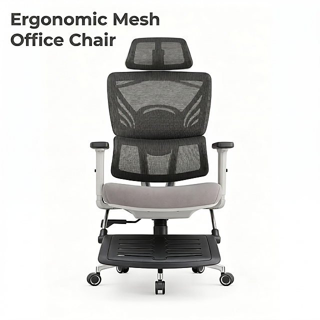 [Main image 1] Pure white background full product display. [Atmosphere style] Clean professional commercial photography. [Quality] Commercial photography texture, soft and transparent light, clear and real product, clean and advanced picture. [Elements] The ergonomic office chair with black mesh backrest and gray cushion is centered, the product occupies more than 85% of the frame, keep the product appearance (physical structure, material texture, color) absolutely consistent with the input product image, eliminate any deformation and color difference, fine processing. Pure white background #FFFFFF, no extra elements. [Light and shadow] Main light soft and even, auxiliary light fills the shadow, high light is not overexposed, dark part has level, no heavy shadow. [Color matching] Main color is product original black and gray, background pure white. [Perspective composition] Front head up, product complete not cut, centered composition. [Text layout] Upper left negative space left alignment, large title "Ergonomic Mesh Office Chair", bold sans-serif font, dark gray text, clear contrast with white background. The text does not obscure the product subject. [Proportional resolution] 1:1 ratio, 2k resolution, clear text, ultra high definition. [Negative prompt] Deformation, watermark, text disorder, blurred product image, messy background.