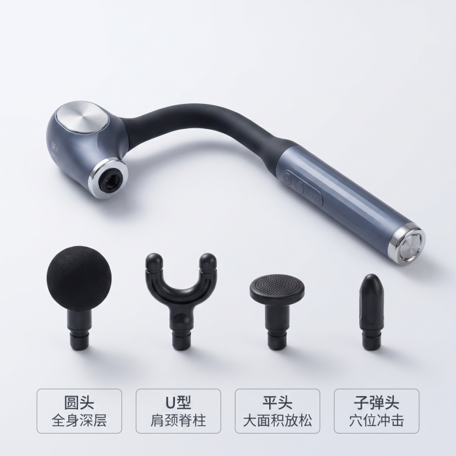 [主图 3] 弯头筋膜枪可替换按摩头配件展示主图。
[氛围风格] 专业整洁，清晰展示全套配件，突出配置丰富。
[画质] 商业摄影质感、光线柔和通透、产品清晰真实、画面干净高级。
[元素] 蓝灰色弯头筋预览效果