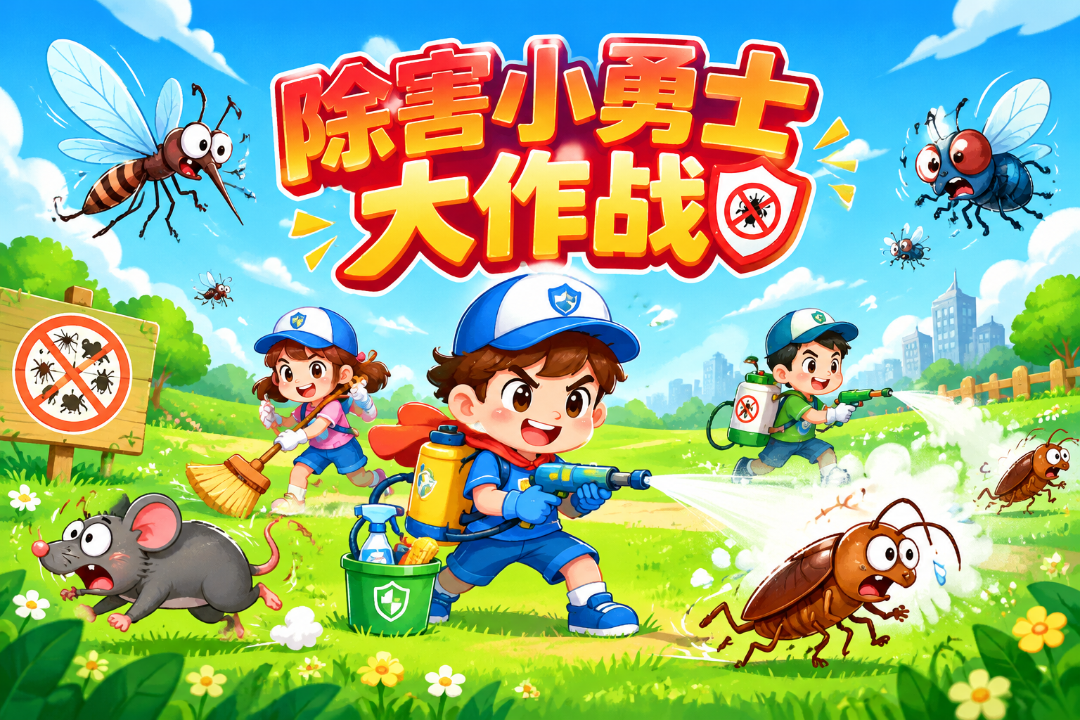 活动背景画面设计，横版3x2米（3:2比例）。主题"除害小勇士… - 图片创意预览