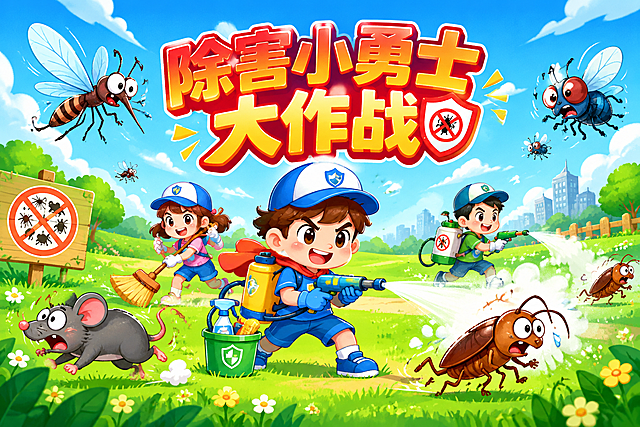活动背景画面设计，横版3x2米（3:2比例）。主题"除害小勇士大作战"，大字体活泼醒目，位于顶部，颜色为红色和黄色渐变。画面融入四害元素：蚊虫、老鼠、蟑螂、苍蝇的卡通插画，散落在画面各处，大小不一，生动有趣。背景以蓝天白云绿色草地为主，画面中有拿着除害工具的小勇士卡通形象、清洁扫帚、喷雾器等元素。整体风格活泼有趣，适合儿童参与的活动，充满闯关游戏氛围。整体设计色彩鲜艳明亮，专业的活动背景设计风格，高清输出