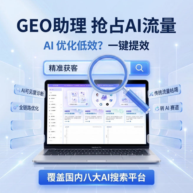 修改这张主图，保留整体蓝白科技风格、笔记本电脑、放大镜、搜索框的整体布局，只替换左右两侧和顶部文案。
顶部大标题改为"GEO 助理 抢占 AI 流量"，深蓝色粗体；副标题改为"AI 优化低效？一键提效预览效果