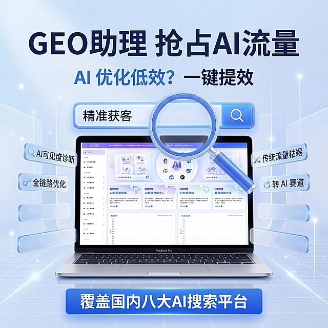 修改这张主图，保留整体蓝白科技风格、笔记本电脑、放大镜、搜索框的整体布局，只替换左右两侧和顶部文案。
顶部大标题改为"GEO 助理 抢占 AI 流量"，深蓝色粗体；副标题改为"AI 优化低效？一键提效"，蓝色，保持原来位置和大小。
左侧四个卖点标签从上到下替换为：
1. AI可见度诊断
2. 全链路优化
保留原圆角透明蓝色标签样式和图标风格，排版和位置和原图一致，保持对称。
右侧四个卖点标签从上到下替换为：
1. 传统流量枯竭
2. 转 AI 赛道
保留原圆角透明蓝色标签样式和图标风格，排版和位置和原图一致，和左侧对称。
保留搜索框内文字"精准获客"和原底部蓝色通栏文字"覆盖国内八大AI搜索平台"不变，保持笔记本电脑屏幕界面内容不变。
保持整体光影、配色、构图一致，文字清晰，无错字，不遮挡主体，保持科技干净高级质感。
负向提示词: 变形，水印，文字错乱，产品界面模糊，背景杂乱，错字，遮挡主体，配色刺眼。