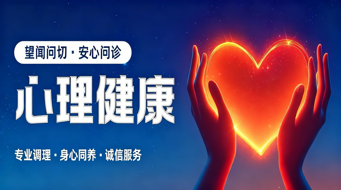 去掉右下角水印，将图内所有文字整体居中排列，保留原图的内容和风格：蓝色星空背景，一双手捧着发光红色爱心，文字内容：望闻问切·安心问诊、心理健康、专业调理·身心同养·诚信服务预览效果