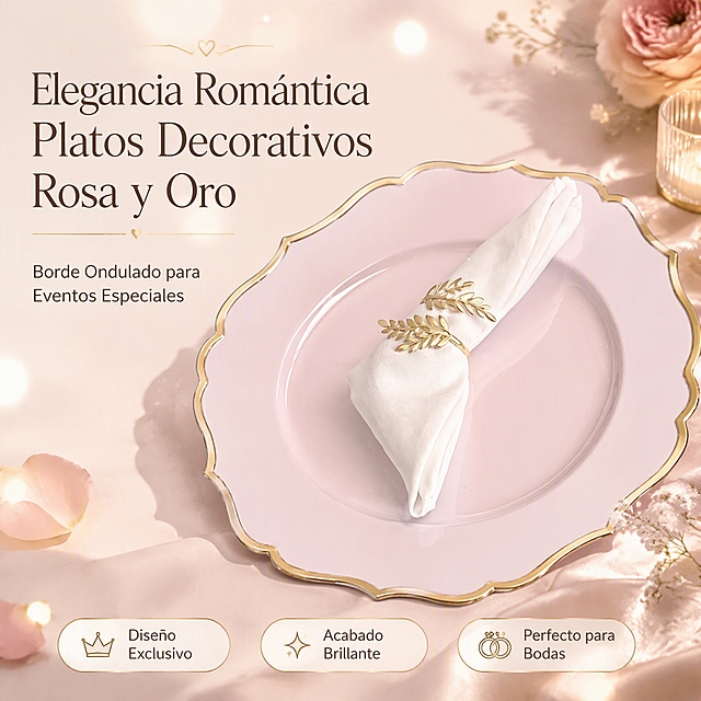 [第2张] 产品海报图 - Plato Decorativo Rosa con Borde Dorado Ondulado。本张使用【图1】作为产品整体外观，【图6】作为盘面质感细节参考。
[氛围/风格] 轻奢浪漫海报风，高端宴会质感，跨境电商主视觉。
[元素布局] 粉色金边装饰盘微微倾斜置于画面右侧，占比约55%，盘上可搭配白色餐巾和金色叶形餐巾环；左侧留大面积标题区；背景为浅粉米色渐变，点缀柔和光斑和精致阴影；底部悬浮三个卖点胶囊；产品粉色盘面、金色波浪边缘、花瓣形轮廓与输入图一致。
[光影质感] 左上方45°柔光勾勒金边高光，右侧柔和补光，底部自然投影，盘面光滑有细腻反光，金边金属光泽细腻。
[配色色系] 全局底色 #FDF2F0 暖粉米；主色粉色盘面+金色边缘；辅助色深棕标题、米白背景、白色餐巾。
[视角构图] 微俯视45°角，产品为视觉重心，阅读动线左上标题 → 右侧产品 → 底部卖点。
[文字版式] 全部西班牙语。左上主标题大字两行「Elegancia Romántica」「Platos Decorativos Rosa y Oro」；副标题「Borde Ondulado para Eventos Especiales」；底部三个卖点胶囊：「Diseño Exclusivo」「Acabado Brillante」「Perfecto para Bodas」；文字不遮挡产品主体。
[负向提示词] 产品变形，金边错乱，文字错误，颜色偏差，水印，中文字符，背景杂乱。