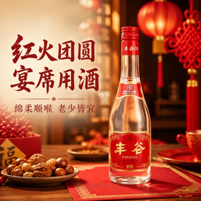 [主图-5] 丰谷优选白酒节日宴请场景主图。
[氛围风格] 喜庆红火氛围，突出宴席送礼属性。
[画质] 商业摄影质感，氛围浓郁，产品清晰真实。
[元素] 丰谷白酒瓶放置在红色餐垫上，背景点缀红色中国结预览效果