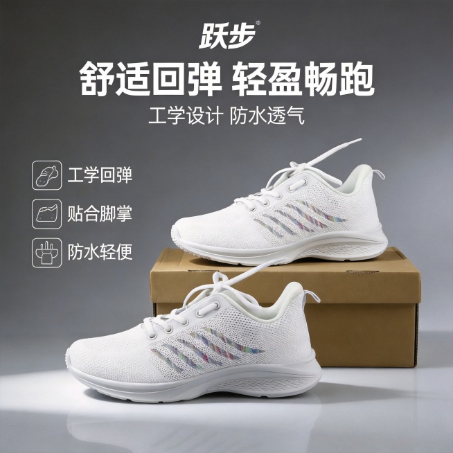 [单张主图] 跃步跑步鞋，高级氛围感主图，突出工学回弹贴合脚掌，防水轻便卖点，适配淘宝天猫平台。
[画面主体] 画面主体为一双白色网面跑步鞋，一双鞋子错落放置，一只置于棕色鞋盒上方，另一只放置在前方浅预览效果