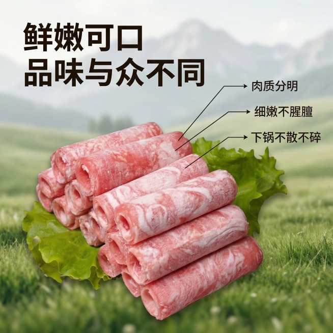 [主图 2] 核心品质展示，突出产品优势
[氛围/风格] 生鲜牧场溯源风格，自然干净，专业可信
[画面元素] 保留原有牛肉卷堆叠造型和外观不变，背景融入模糊牧场草地自然远景，突出原料天然优质，保持牛肉预览效果