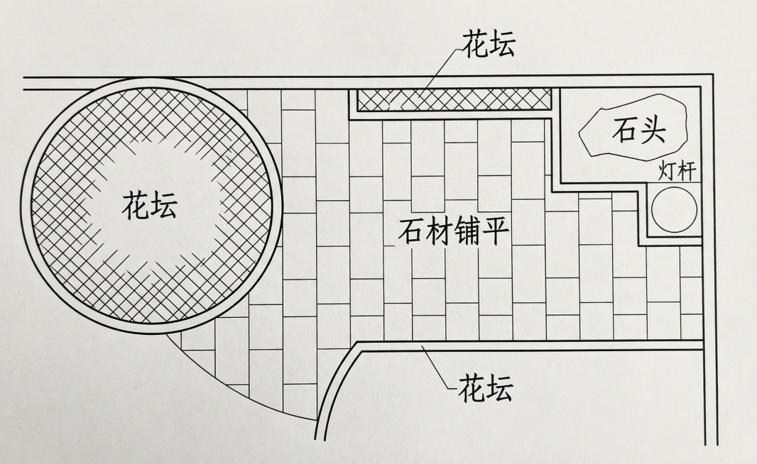 根据手绘草图生成正式清晰的施工平面图，保留所有标注：花坛、石材铺平、石头、灯杆，保持原有布局结构，专业工程图纸风格，线条规整清晰预览效果