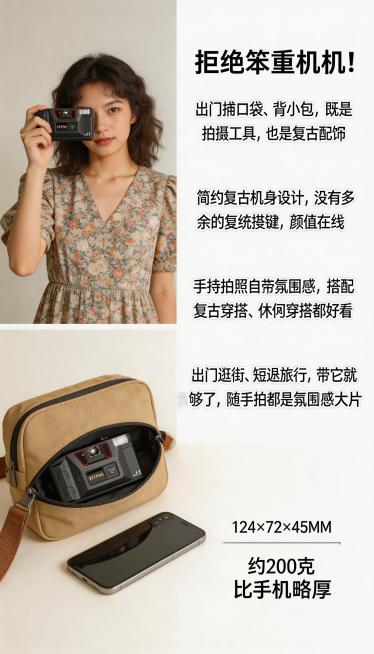 左侧场景化呈现2张照片，例图1：手持FETANA 35FT相机搭配复古连衣裙实拍，相机小巧不压手，与穿搭完美融合；例图2：该相机放入帆布包实拍，尺寸124X72X45MM，重量约200克，比手机略厚。预览效果